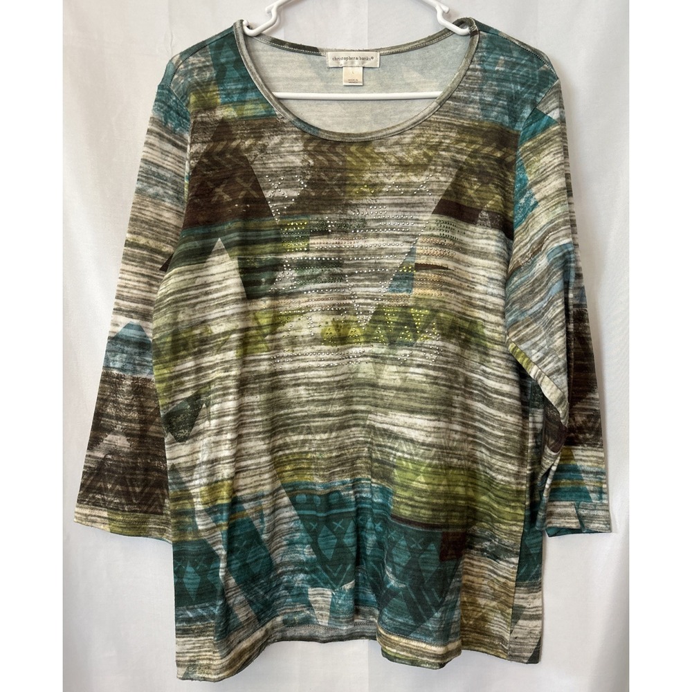 CHRISTOPHER & BANKS 3/4 SLEEVE SHIRT Browns Greens‎ Embellished Front Boho L